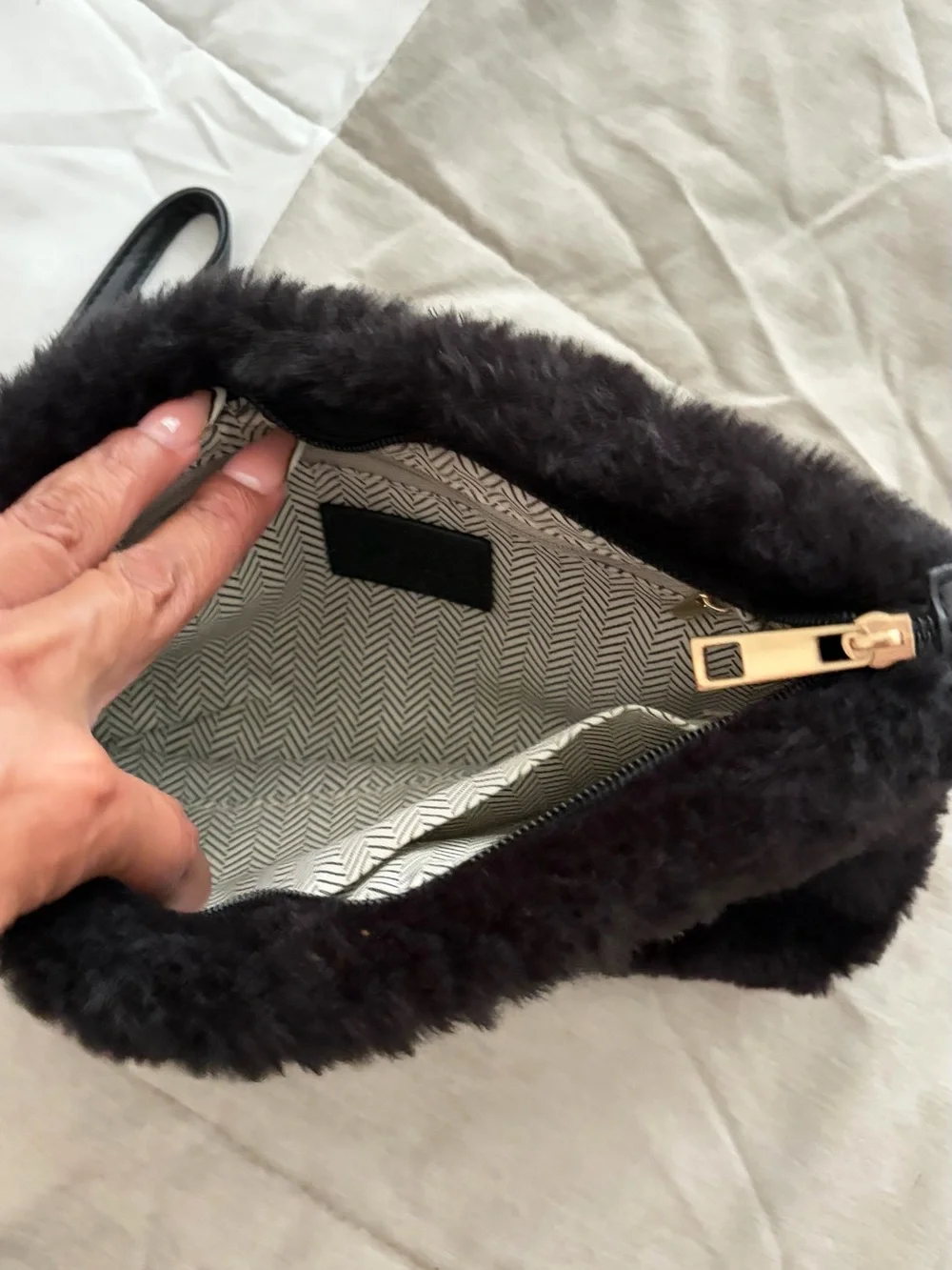XOXO Black Fur Wristlet Clutch with Embroidered Logo